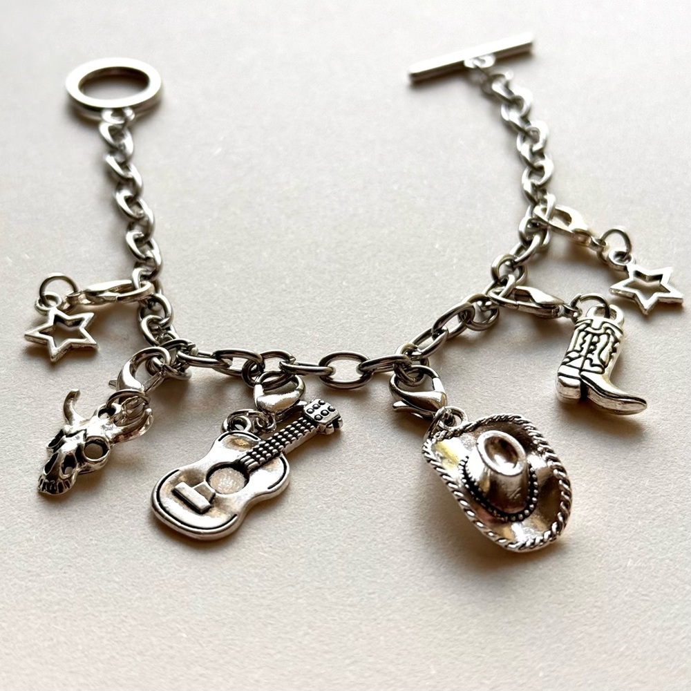 Handmade Y2k Style Charm Bracelet / Western / Cowgirl / Cowboy / Silver Colour